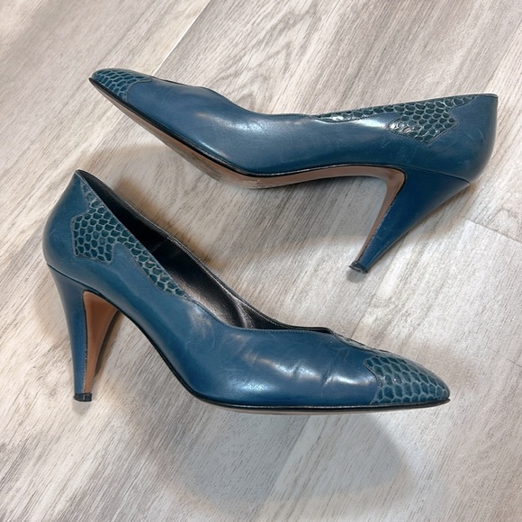 Vintage Nordstrom Italian Made Leather Heels Deep Blue Snakeskin Detail Pumps - Picture 9 of 10